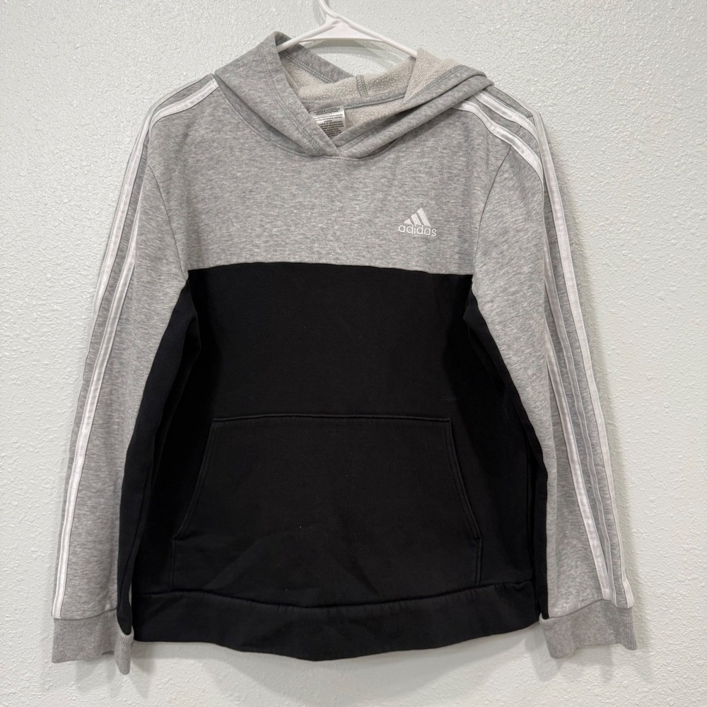 Adidas Boys Grey Black Colorblock Hoodie Sweatshirt Large 14/16 Three Stripe